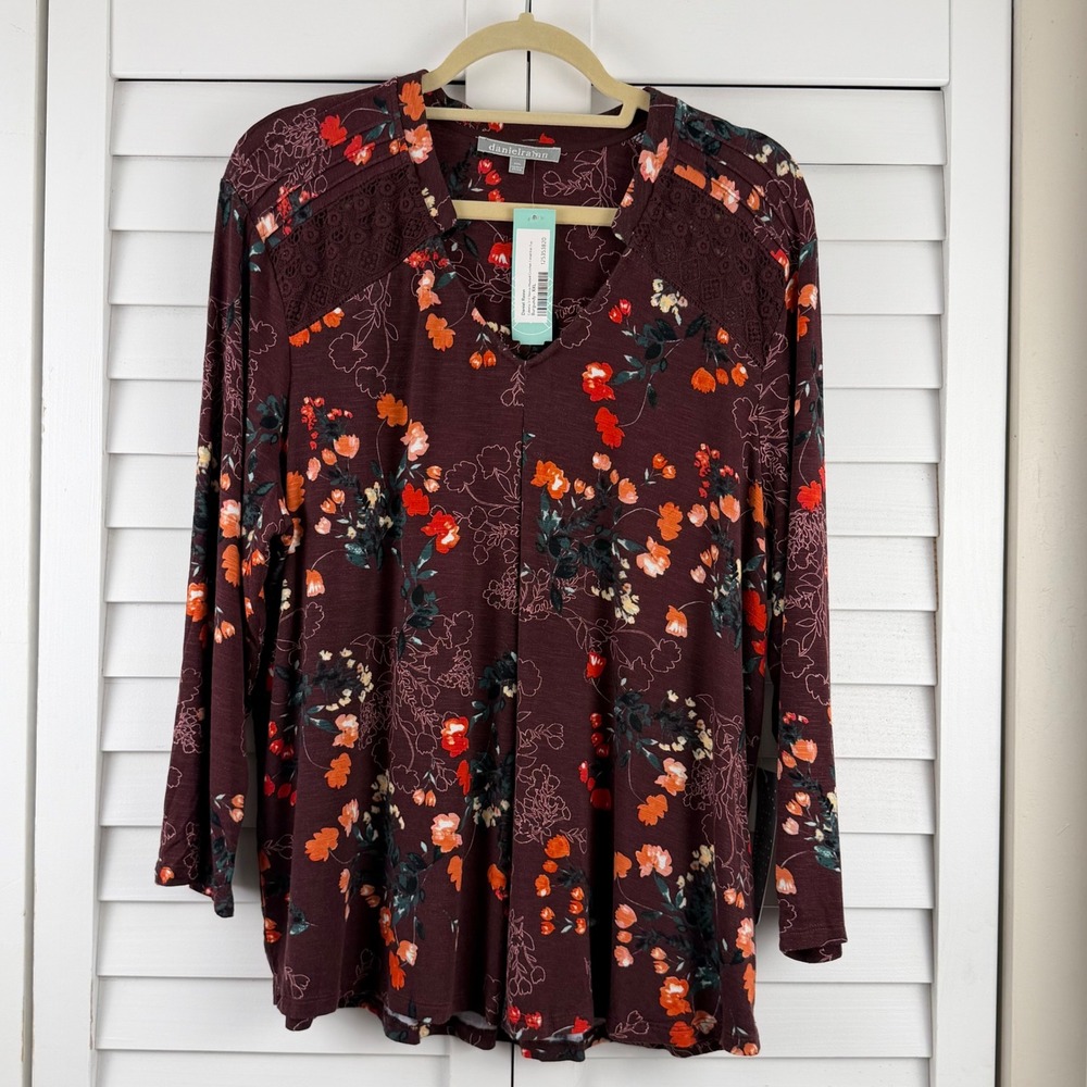 Daniel Rainn Caleena Top XXL Burgundy Floral Crochet Pleat 3/4 Sleeve NEW